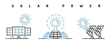 Solar power plant. Renewable green power icon, sign. Alternative energy source. Innovation, future technology, ecology concept. Vector illustration in outline style isolated on a white background