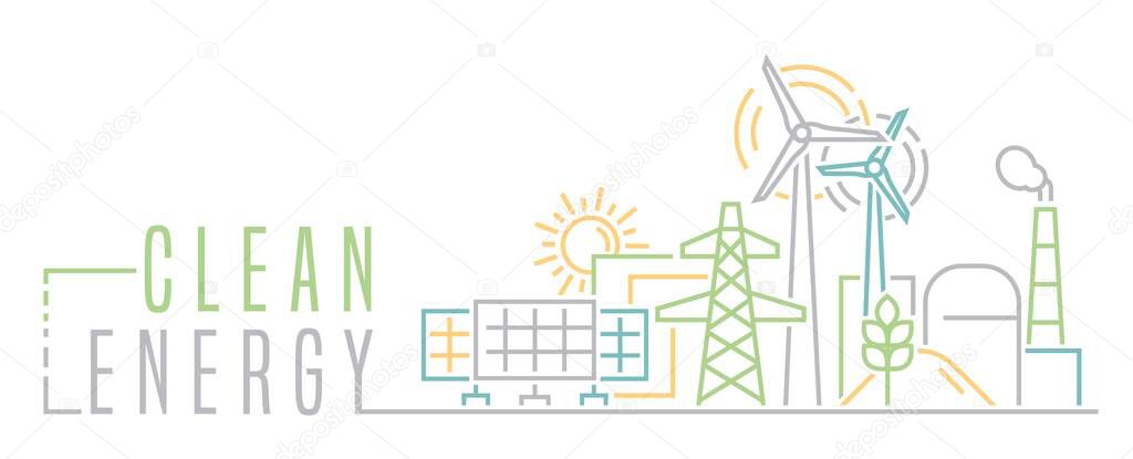 Green power production. Future ecological powerplant concept. Renewable alternative energy with lower emissions. Creative outline typography. Editable vector illustration. Landscape background