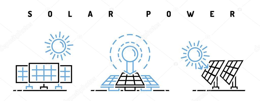 Solar power plant. Renewable green power icon, sign. Alternative energy source. Innovation, future technology, ecology concept. Vector illustration in outline style isolated on a white background