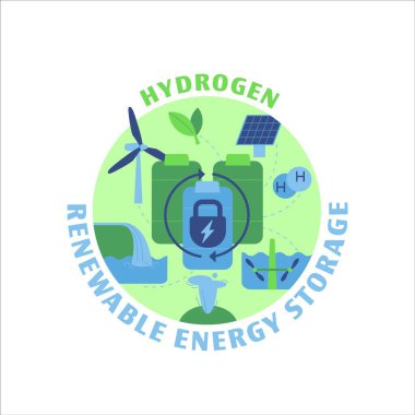 Hydrogen in industry icon. Green fuel production and usage. Industrial processes. Renewable energy source with zero emissions. Vector illustration in green, blue colors isolated on a white background.