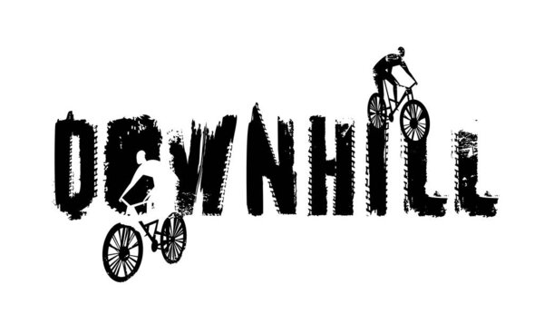 Даунхилл гранж надпись. Креативная типография для оформления заголовков, логотипов, гоночных соревнований. Концепция активного образа жизни, отдыха, спорта. Редактируемая векторная иллюстрация черного цвета.