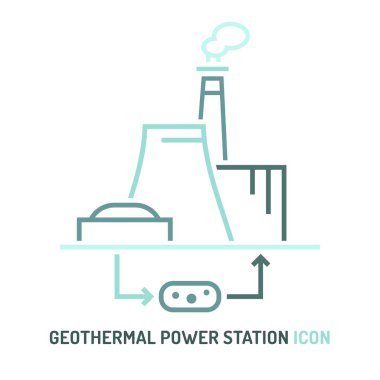 Jeotermal enerji santrali simgesi. Tesisat tabelaları. Yenilenebilir enerji kaynağı. Ekoloji konsepti. Beyaz arkaplanda izole edilmiş modern taslak biçiminde düzenlenebilir vektör illüstrasyonu.