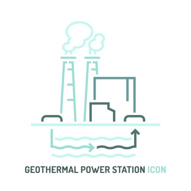 Jeotermal enerji santrali simgesi. Tesisat tabelaları. Yenilenebilir enerji kaynağı. Ekoloji konsepti. Beyaz arkaplanda izole edilmiş modern taslak biçiminde düzenlenebilir vektör illüstrasyonu.