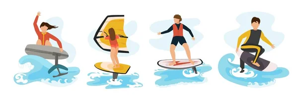 Foilboard Rider Set Young People Surfing Efoil Boards Trendy Extreme ストックイラスト