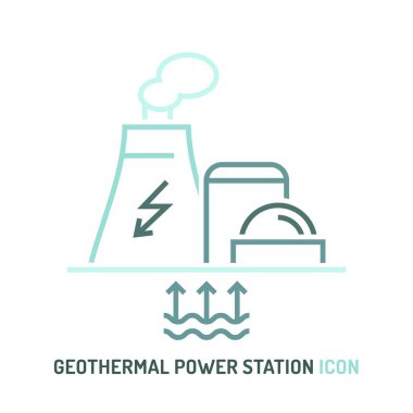 Jeotermal enerji santrali simgesi. Tesisat tabelaları. Yenilenebilir enerji kaynağı. Ekoloji konsepti. Beyaz arkaplanda izole edilmiş modern taslak biçiminde düzenlenebilir vektör illüstrasyonu.