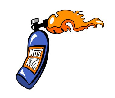 Nitrous Oxide System. NO2 bottle with burning fuel. Engine power increasing. Fire in a motor. Editable vector illustration in funny cartoon style useful for logo design, print, web materials creation