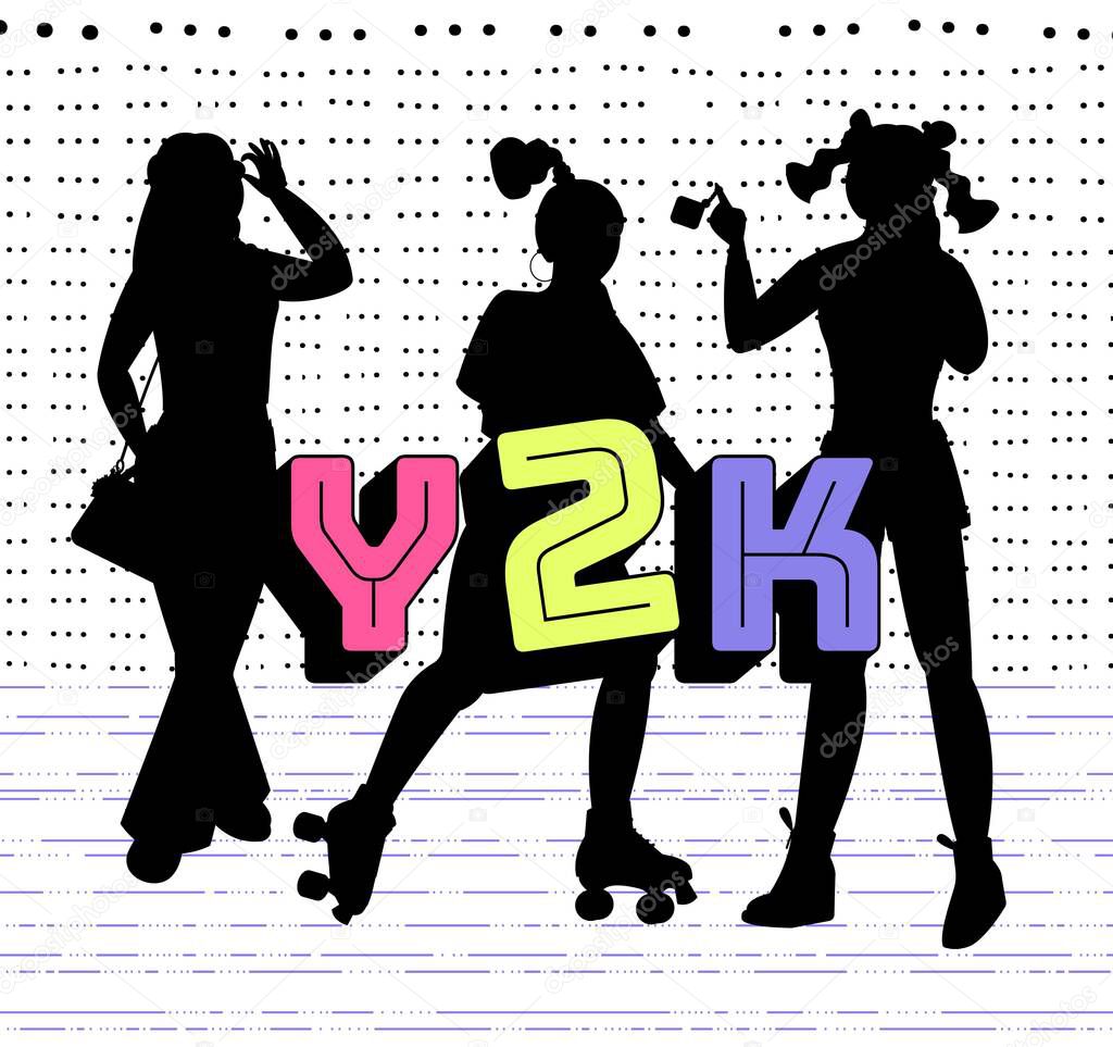 Trending Y2K landscape poster. Late 90s early 2000s. Trendy, free, bubbly, fun aesthetic. Nostalgia concept with silhouettes and patterns. Editable vector illustration.