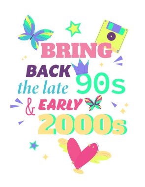 Y2K dikey poster modayı. 90 'ların sonu, 2000' lerin başı. Moda, bedava, şen şakrak, eğlenceli estetik. Nostalji konsepti. Parlak pembe, kireç ve mor renkli düzenlenebilir vektör illüstrasyonu.