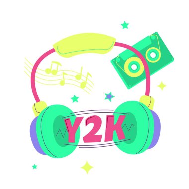 Trending Y2K symbol. Audio style. Late 90s early 2000s. Trendy, free, bubbly, fun aesthetic. Nostalgia concept. Editable vector illustration in bright pink, lime, violett colors. clipart