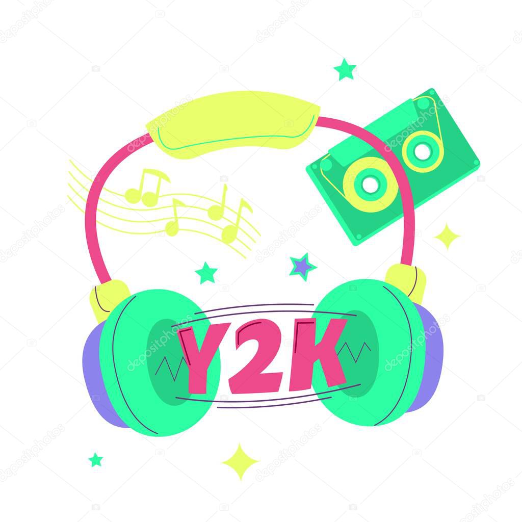 Trending Y2K symbol. Audio style. Late 90s early 2000s. Trendy, free, bubbly, fun aesthetic. Nostalgia concept. Editable vector illustration in bright pink, lime, violett colors.