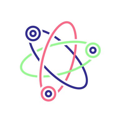 Nükleer güç ikonu, imzala. Dinamik atom, molekül, model piktogram. Enerji endüstrisi, fizik çevresi sembolü. Atomik çekirdeğin yörüngesinde üç elektron döner. Düzenlenebilir vektör illüstrasyonu