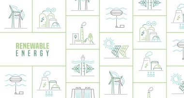 Yenilenebilir enerji pankartı. Elektrik üretimi ekolojik kaynaklar. Güneş, su, fosil, rüzgar, hidrojen, dalga ve gelgit, termal, jeotermal ve biyokütle. Düzenlenebilir vektör illüstrasyonu