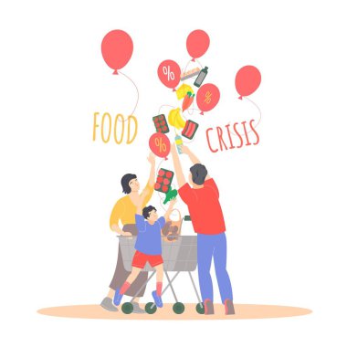 Gıda krizi, enflasyon, açlık, küresel insani felaket kavramı. Nafaka için yüksek fiyatlar. Açlık ve yetersiz beslenme pankartı. Beyaz arkaplanda izole edilmiş vektör illüstrasyonu