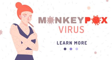 Sağlıksız bir kadınla maymun çiçeği virüsü geçmişi. Hastalık bulaşmasını durdur. Yaratıcı afiş, tıbbi peyzaj tasarımı. Sağlık hizmeti, tıp web sitesi konsepti. Modern düz bir şekilde vektör illüstrasyonu