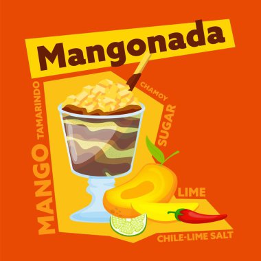 Mangonada, delicious Mexican mango slushie with a very particular taste. Hamoyada drawn recipe poster. Perfect frozen treat. Street food from Mexico. Editable vector illustration in bright colors
