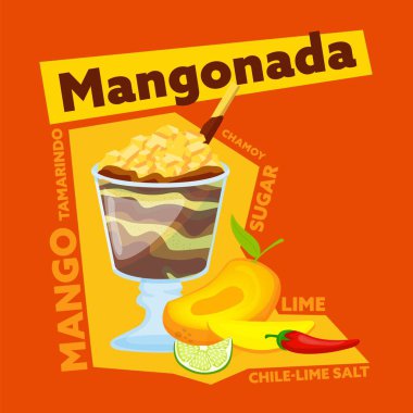 Mangonada, delicious Mexican mango slushie with a very particular taste. Hamoyada drawn recipe poster. Perfect frozen treat. Street food from Mexico. Editable vector illustration in bright colors clipart