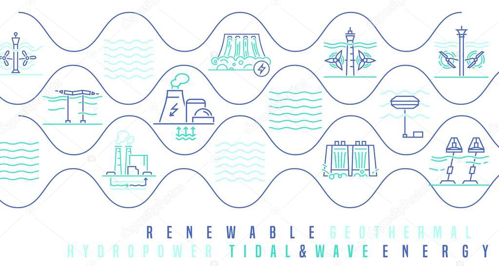 Hydroelectric, tidal, wave power stations. Water-power plants concept. Renewable energy source. Brand identity. Editable vector illustration in modern outline style isolated on a white background.