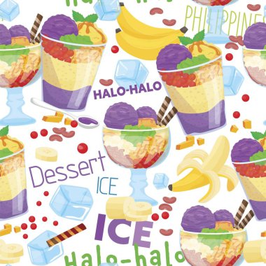 Halo-Halo, traditional shaved Ice. Popular icy dessert from the Philippines with a lot of ingredients mixed together. Seamless pattern. Editable vector illustration in cartoon style.