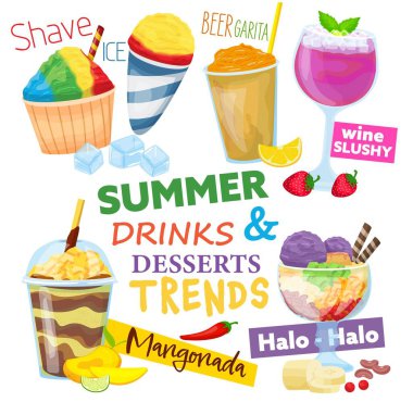 Ice-based desserts with blending ice, syrups and fruits. Refreshing drinks collection. Trendy summertime bar menu. Traditional hawaiian, mexican, japanese food. Vector illustration in cartoon style. clipart