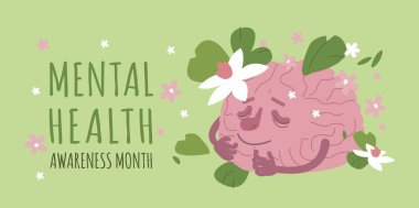 World mental health day. International event for global education, awareness and advocacy against social stigma. Landscape poster. Vector illustration isolated on green background. Graphic design