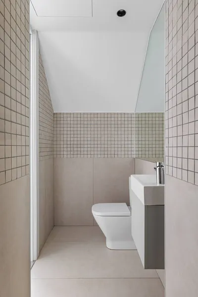 Interior de baño estrecho con lavabo pequeño e inodoro. Vista desde la zona de ducha de baño moderno con azulejos beige —  Fotos de Stock