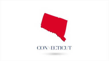 Amerika Birleşik Devletleri 'nden Connecticut eyaletini beyaz arka planda gösteren 3D animasyon düz harita. ABD. Connecticut 'ın gölgeli döner haritası. ABD. 4k