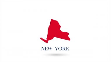 Beyaz arka planda Amerika Birleşik Devletleri 'nden New York eyaletini gösteren 3D animasyon düz harita. ABD. Gölgeli bir New York haritası. ABD. 4k
