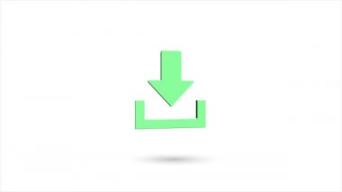 Beyaz arkaplanda gölgesi olan 3D canlandırmalı düz indirme simgesi. İndirme simgesi döndürülüyor. 4K video hareketi grafik canlandırması.