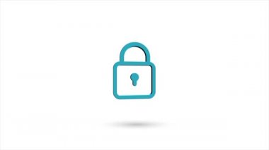 Beyaz arkaplanda gölgesi olan 3D animasyon düz asma kilit simgesi. Dönen asma kilit simgesi. 4K video hareketi grafik canlandırması.