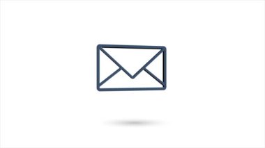 Beyaz arkaplanda gölgesi olan 3D canlandırmalı düz zarf simgesi. Dönen zarf simgesi. 4K video hareketi grafik canlandırması.