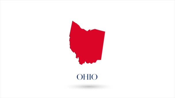 3D анимированная плоская карта, показывающая штат Огайо из Соединенных Штатов Америки на белом фоне. США. Вращающаяся карта Огайо с тенью. США. 4k — стоковое видео