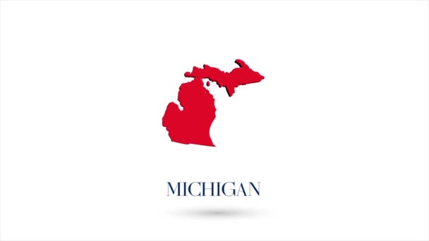 3d mapa plano animado que muestra el estado de Michigan desde los Estados Unidos de América sobre fondo blanco. Estados Unidos. Mapa rotatorio de Michigan con sombra. Estados Unidos. 4k — Vídeos de Stock