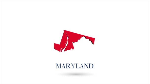 3d mapa plano animado mostrando o estado de Maryland a partir do Estados Unidos da América sobre fundo branco. EUA. Rotativa mapa de Maryland com sombra. EUA. 4k — Vídeo de Stock