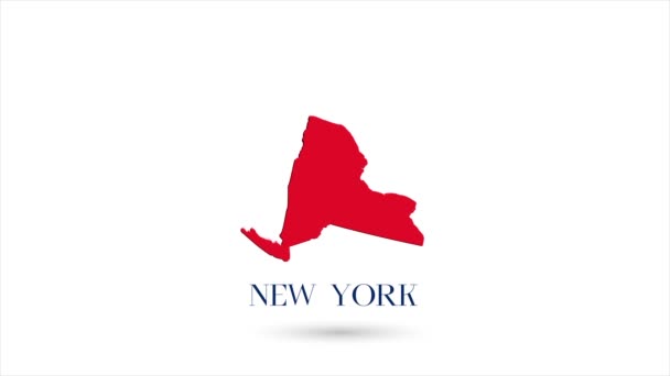 3D animierte flache Landkarte, die den Bundesstaat New York von den Vereinigten Staaten von Amerika auf weißem Hintergrund zeigt. USA. Rotierende Karte von New York mit Schatten. USA. 4k — Stockvideo