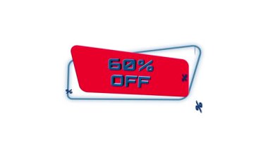 Moda düz geometrik pankartta% 60 indirimli 3D animasyon metni. İndirimde% 60 indirim var. Uçan ve dönen nesne. 4K Video hareketli grafik canlandırması.