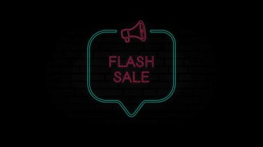 Parlayan neon hattı Megaphone simgesi ve siyah arka planda gizli Flash satışı. Konuşma baloncuğu çerçevesinde megafonlu flaş satışı tabelası. 4K Video hareketli grafik canlandırması.