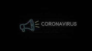 Siyah arkaplanda izole Coronavirus metniyle parlayan neon hattı Megafon simgesi. 4K Video hareketli grafik canlandırması.