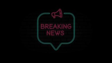 Parlak neon hattı Megafon simgesi ve siyah arkaplanda izole edilmiş son dakika haberleri. Son dakika haberi, megafonla konuşma baloncuğu çerçevesinde neon levhası. 4K Video hareketli grafik canlandırması.