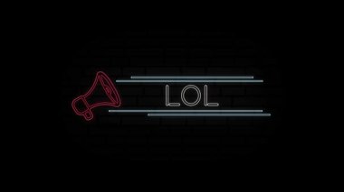 Lol 'un siyah arkaplanda izole edilmiş metni ile parlayan neon çizgisi Megaphone simgesi. 4K Video hareketli grafik canlandırması.