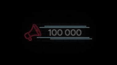 Siyah zemin üzerinde 100 bin numara izole edilmiş parlak neon hattı Megafon simgesi. 100.000 abone. 4K Video hareketli grafik canlandırması.