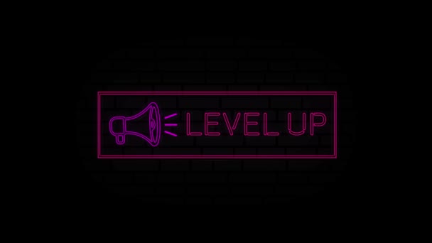 Level up neon sign in a frame with a megaphone on a black background. Animation glowing neon line text Level up. 4K Video motion graphic animation. — Stock Video
