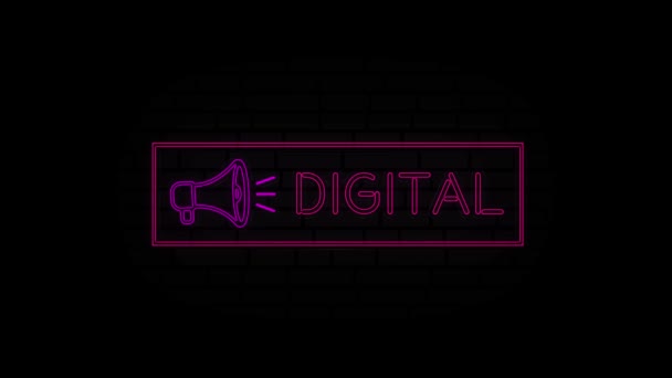 Digitaal neonbord in een frame met een megafoon op een zwarte achtergrond. Animatie gloeiende neon lijn tekst Digitaal. 4K Video motion grafische animatie. — Stockvideo