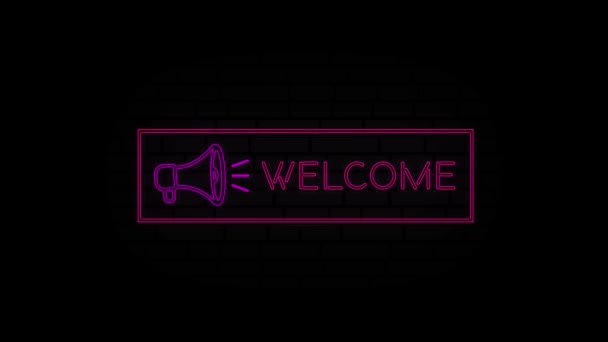 Benvenuto neon segno in una cornice con un megafono su uno sfondo nero. Animazione incandescente testo al neon Benvenuti. Animazione grafica 4K Video motion. — Video Stock