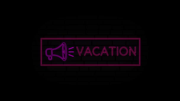 Panneau néon de vacances dans un cadre avec un mégaphone sur fond noir. Animation texte fluo lumineux Vacances. Animation graphique de mouvement vidéo 4K. — Video