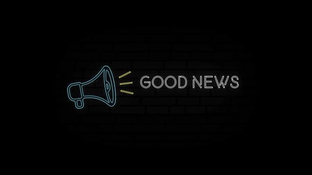 Glowing neon line Megaphone icon with text Good news isolated on black background. 4K Video motion graphic animation. — Stock Video