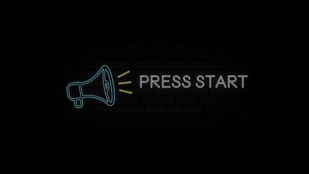 Glowing neon line Megaphone icon with text Press start isolated on black background. 4K Video motion graphic animation. — Stock Video