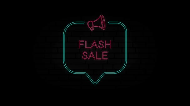 Świecąca neonowa ikona Megafon z tekstem Sprzedaż Flash izolowane na czarnym tle. Flash sprzedaży neon znak w ramce bańki mowy z megafonem. 4K Animacja graficzna ruchu wideo. — Wideo stockowe