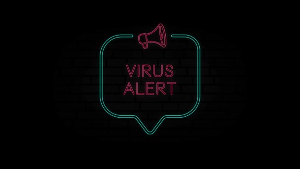 Glowing neon line Megaphone icon with text Virus alert isolated on black background. Virus alert neon sign in speech bubble frame with megaphone. 4K Video motion graphic animation. — Stock Video