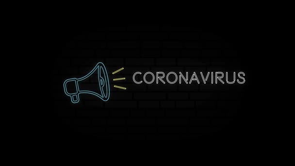 Zářící neonová čára Ikona megafonu s textem Koronavirus izolovaný na černém pozadí. Grafická animace pohybu videa 4K. — Stock video