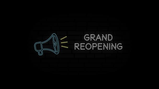 Glowing neon line Megaphone icon with text Grand reopening isolated on black background. 4K Video motion graphic animation. — Stock Video